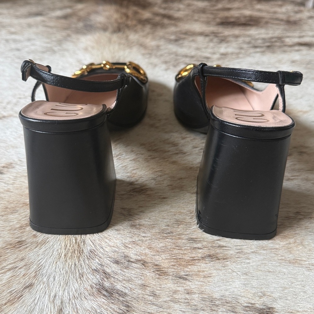 Gucci 37 7 Black Leather Gold Horsebit Mark Jane Pumps Heels Slingback with Box - Picture 5 of 16